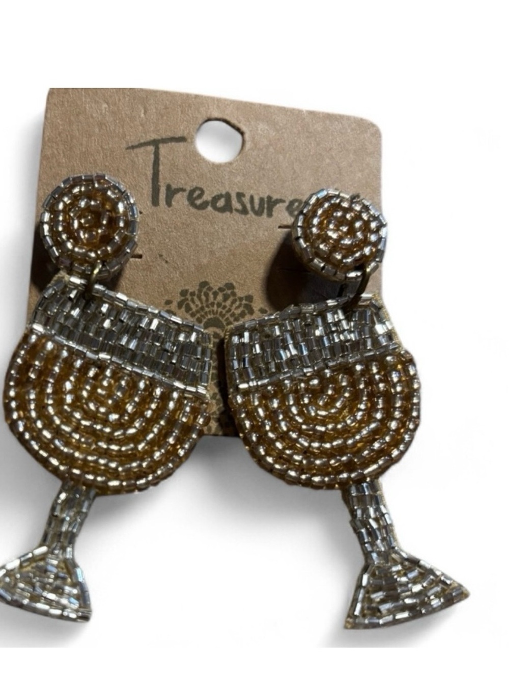 Champagne Beaded Wine Glass Earrings | Gold Seed Bead | NWT